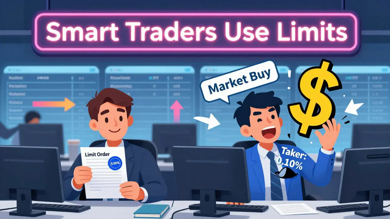 Two traders placing orders: one using a limit order with low fees, another using a market order losing money to high fees.