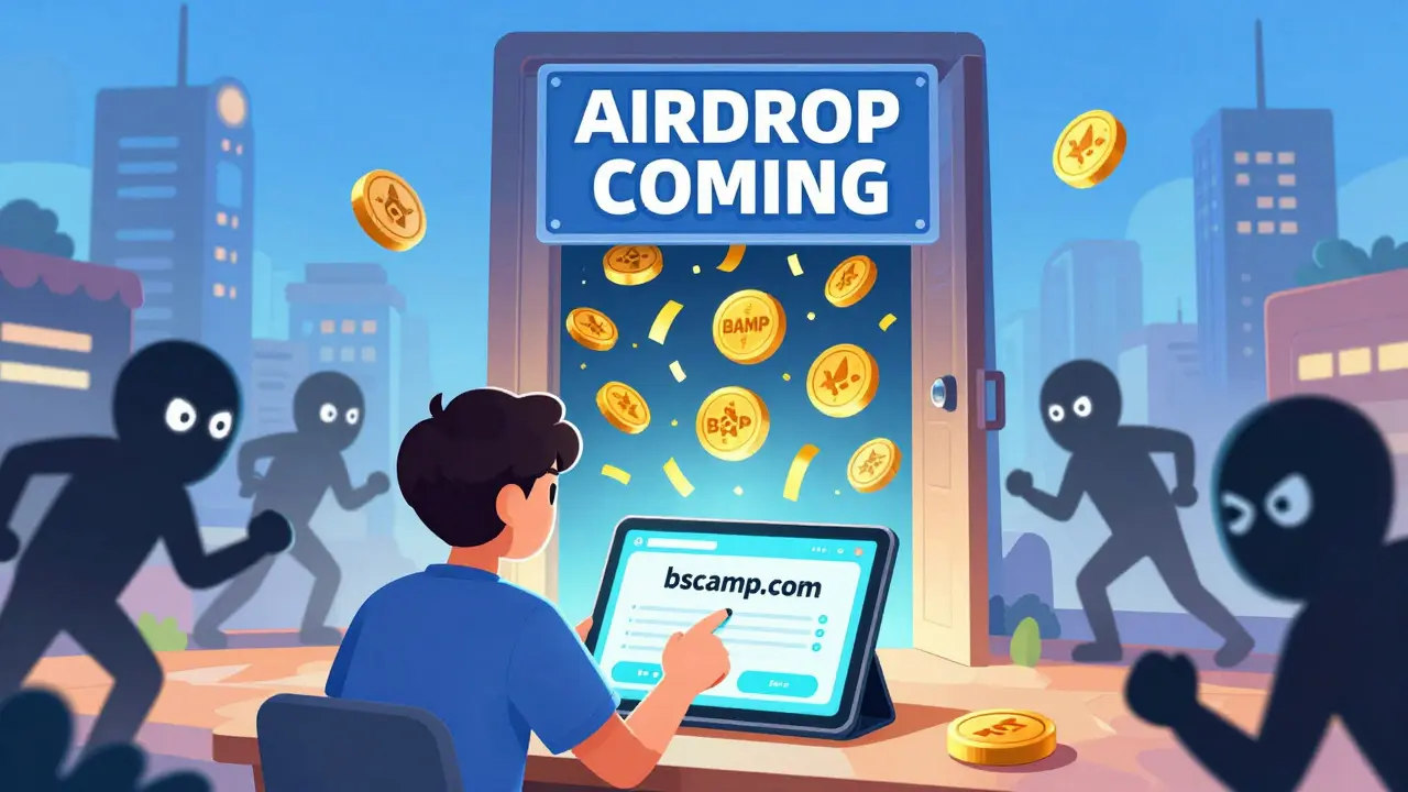 User connecting wallet to BSC AMP site as BAMP tokens rain down, scammer figures lurking.