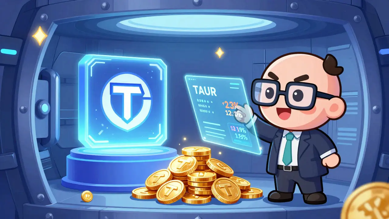 A cartoon trader looking at a glowing NFT and a pile of tokens in a digital vault.