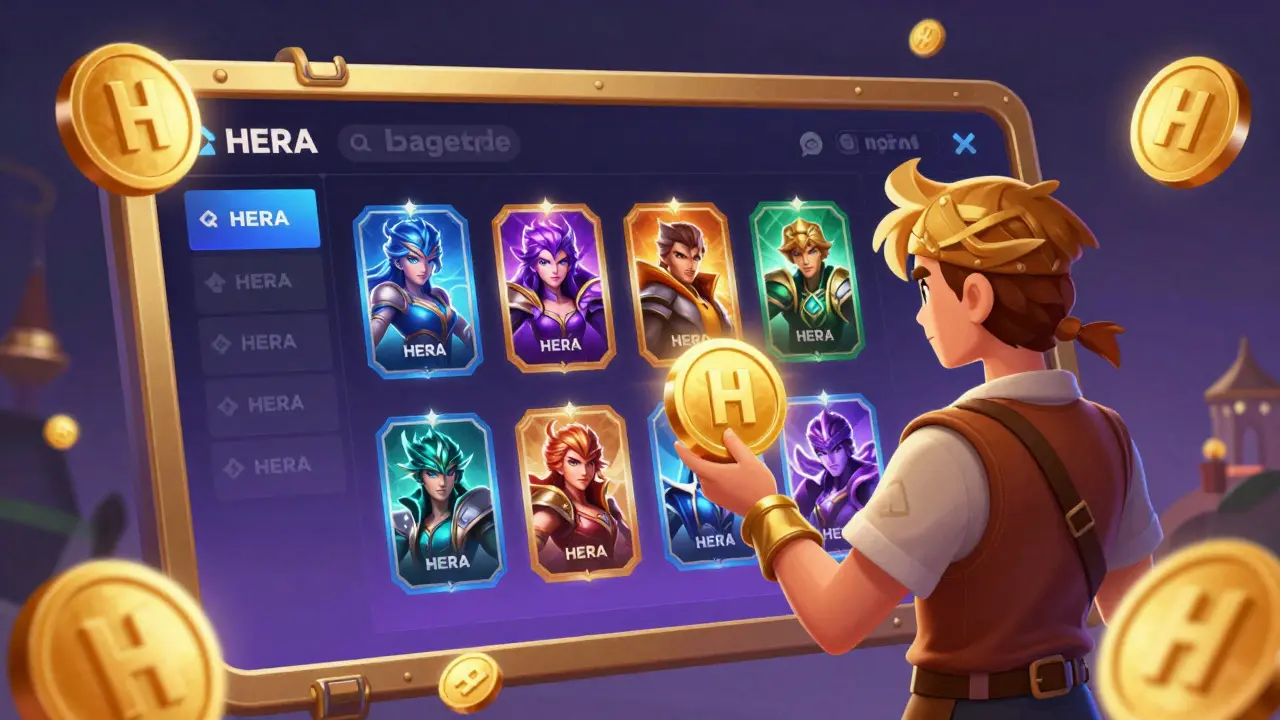 A character browsing Hero NFT cards in a digital marketplace with floating HERA tokens.