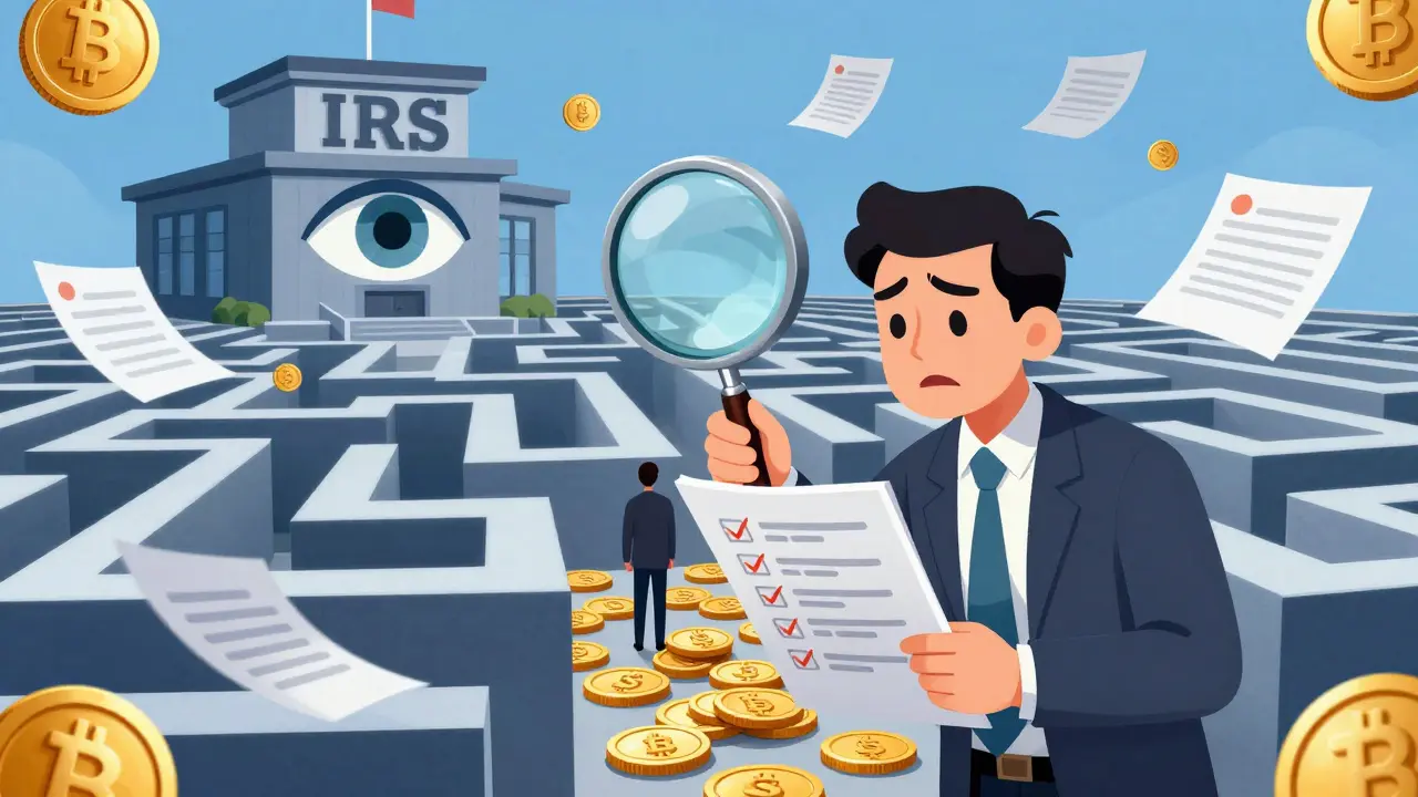 A CPA guiding a taxpayer through a maze of digital coins and legal documents