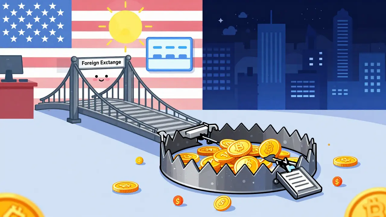 A digital bridge leading to a giant bear trap surrounded by cryptocurrency coins