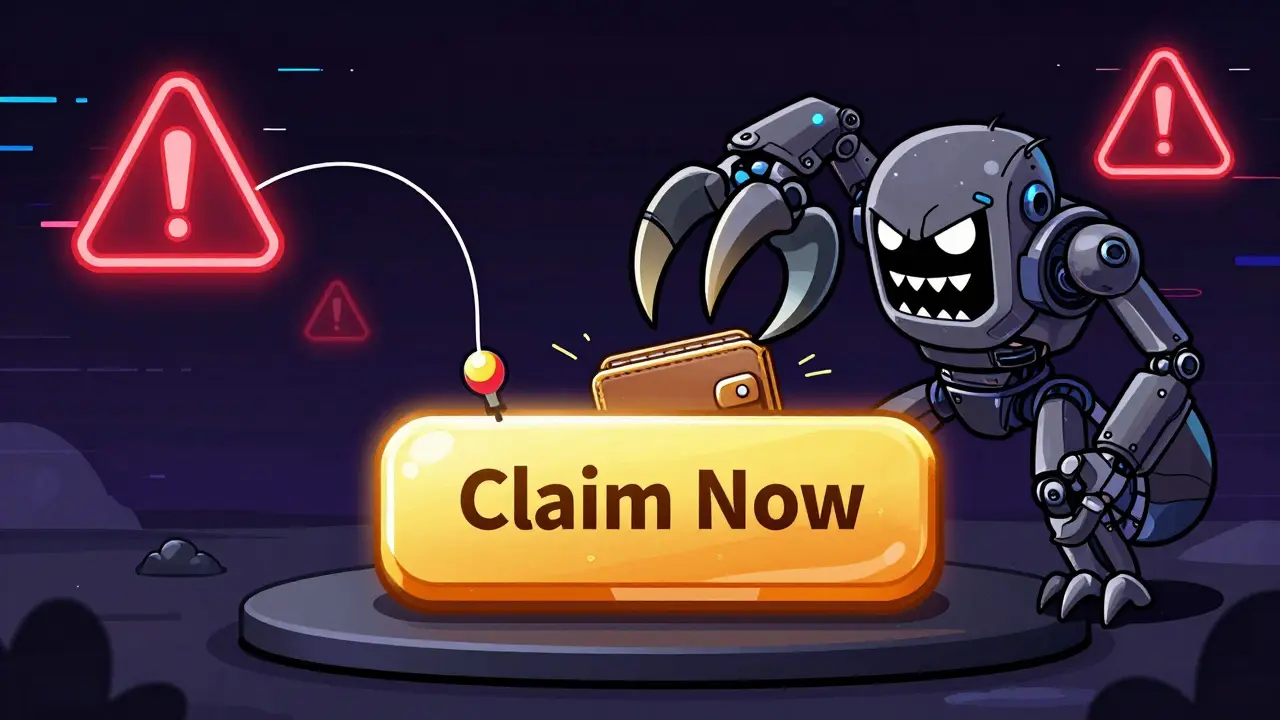 A digital fishing lure with a 'Claim Now' button and a hidden robotic claw