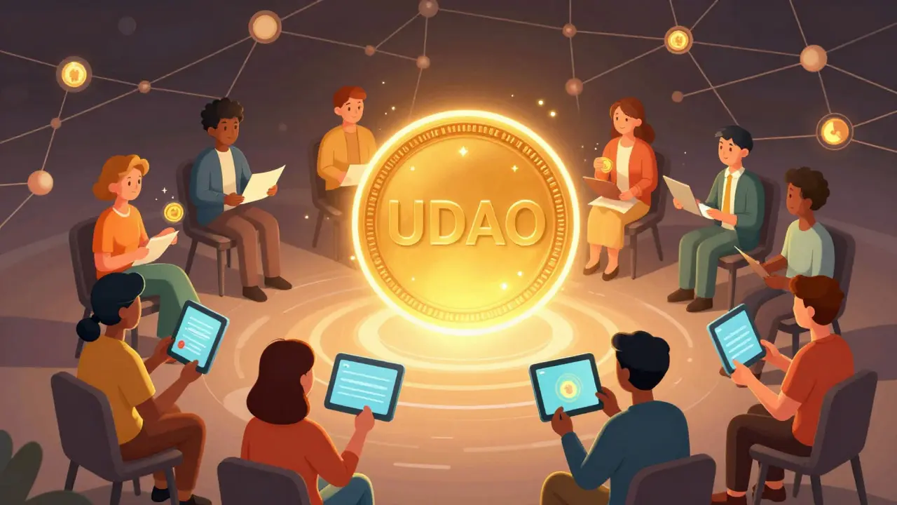 A diverse community collaborating around a glowing UDAO token in a decentralized network.