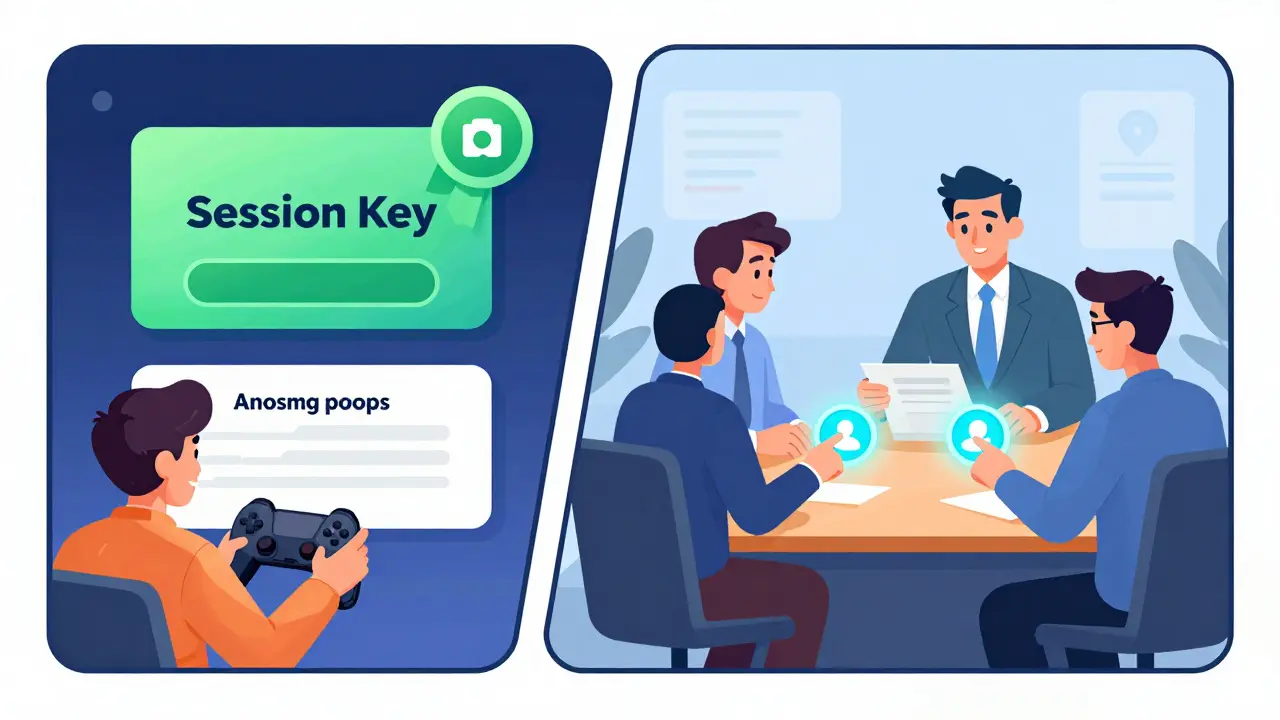 A gamer using session keys and corporate executives jointly approving a transaction.