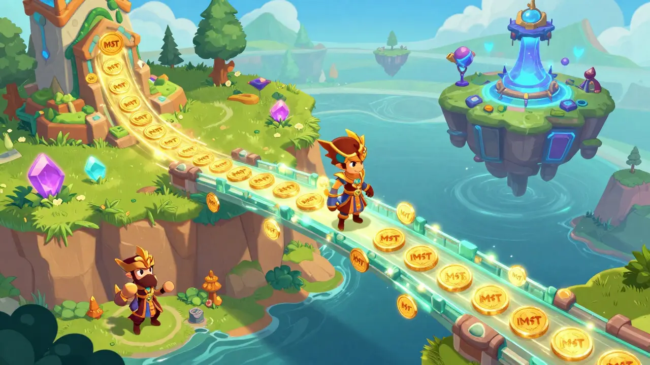A golden token bridge connecting a fantasy hero world to another metaverse game.