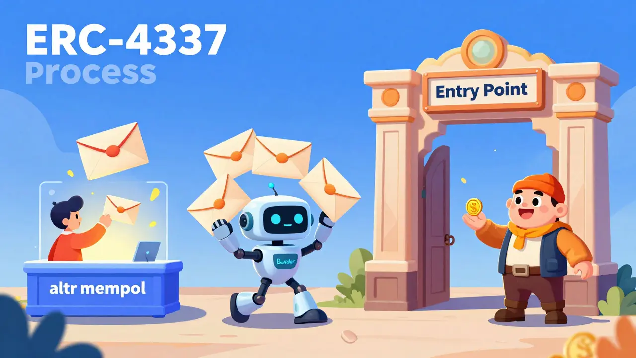 A robot bundler collecting user requests and taking them through a gatekeeper portal with a paymaster.