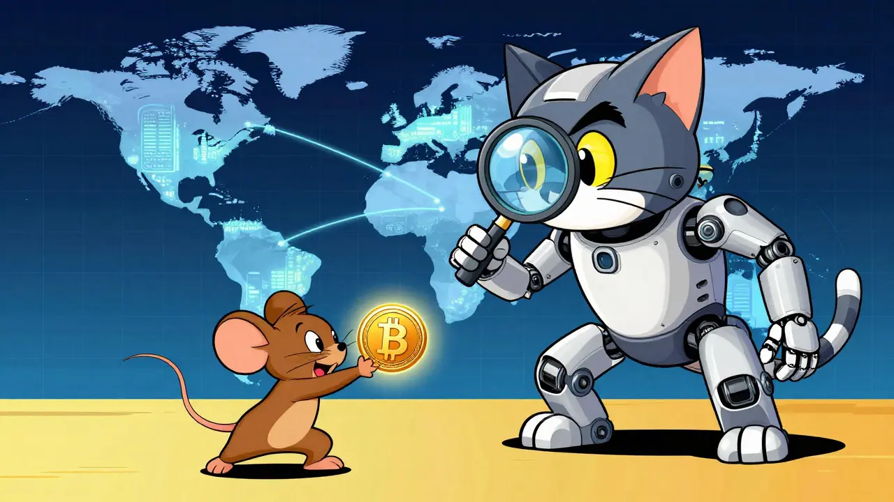 A robotic cat tracking a mouse with a digital coin on a global grid map.