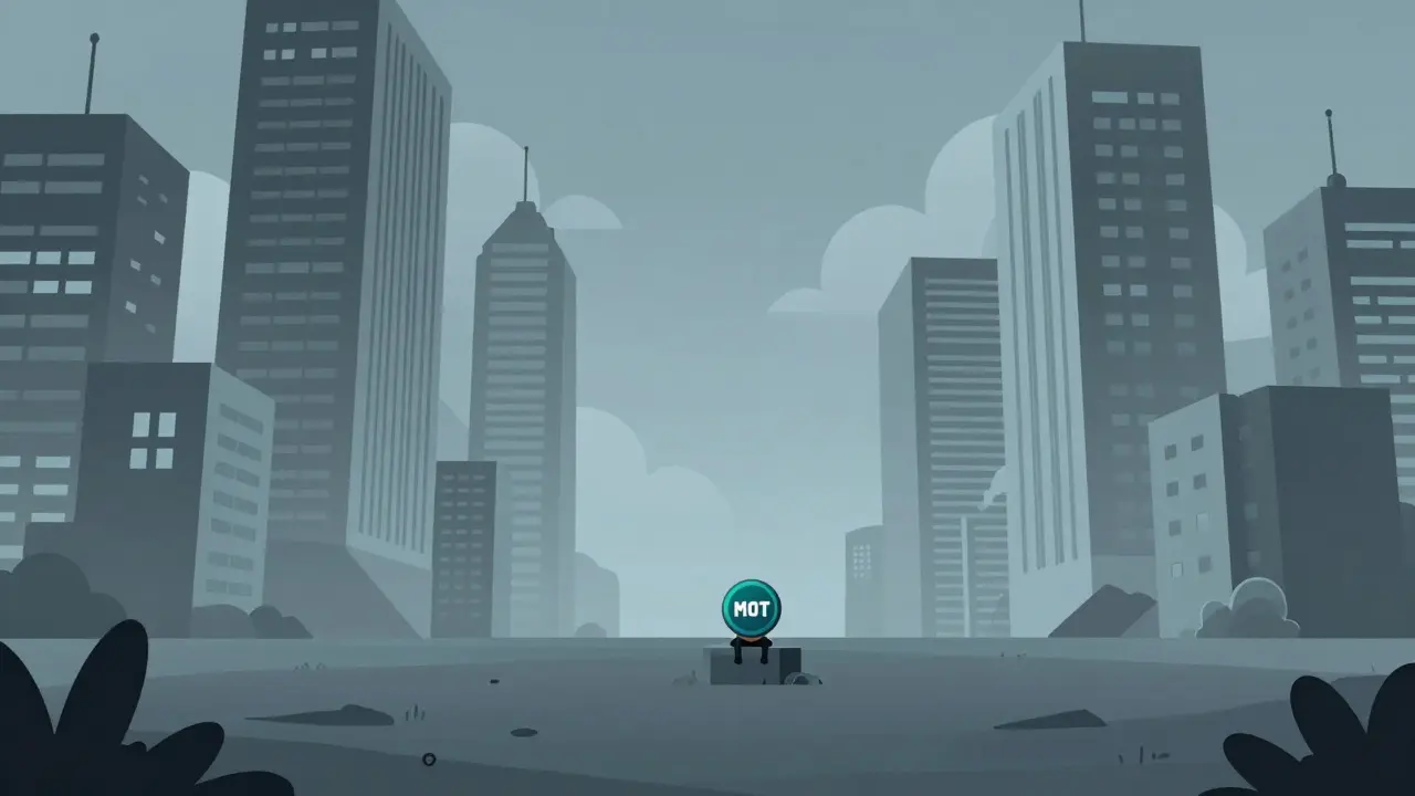 A small MOT token on a pedestal dwarfed by large DeFi buildings