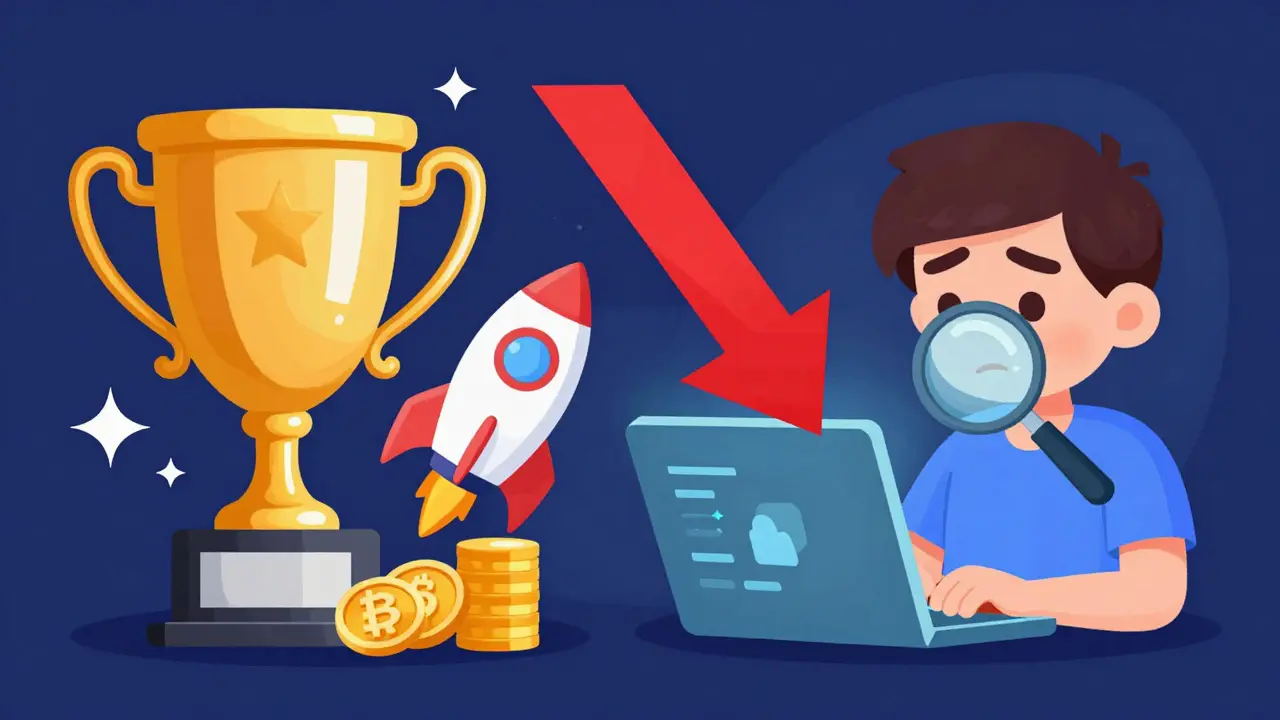 A split-screen illustration showing the contrast between crypto hype and market reality.