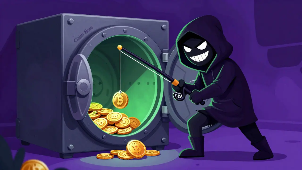 A thief using a fishing rod to steal tokens from a digital wallet