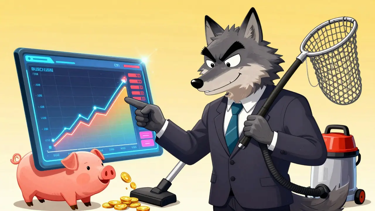 A wolf in a suit deceiving an investor with fake profit graphs while stealing coins.