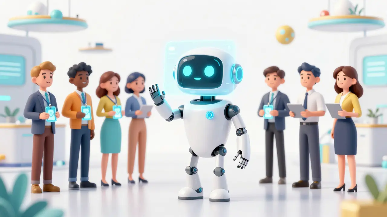 An AI robot matching skilled workers with employers using holographic verified badges.