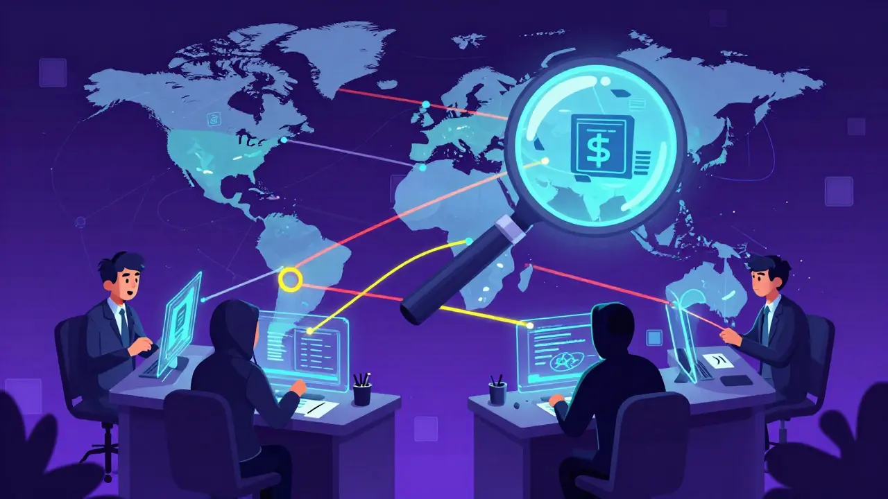 Analysts tracing suspicious blockchain transaction paths with tools.