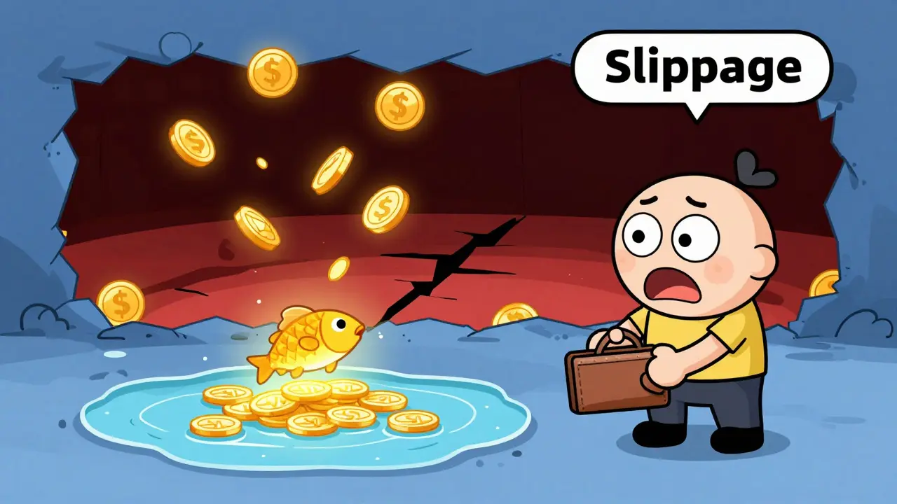 Cartoon character frustrated by a tiny pool of coins and a large slippage void.