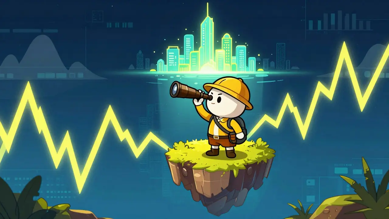 Cartoon character on a floating digital island overlooking volatile price charts.