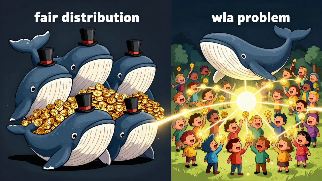 Cartoon comparison between a few wealthy whales and a large community sharing tokens.