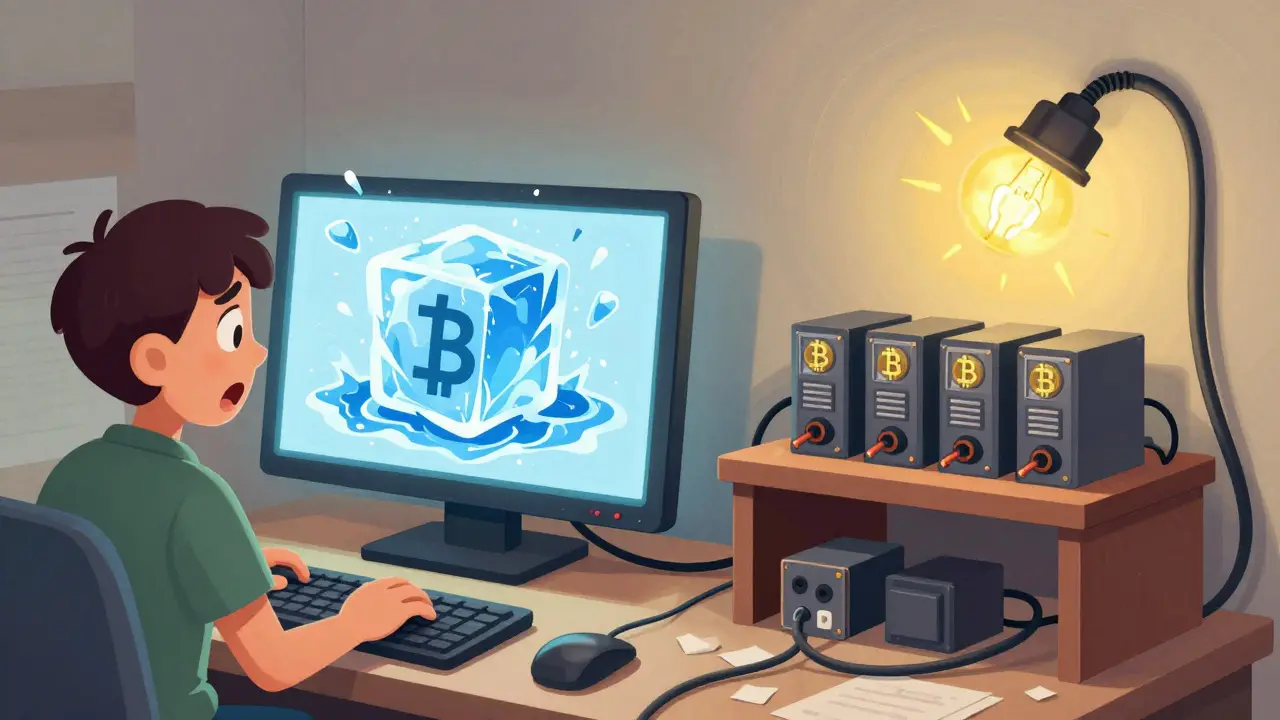 Cartoon depicting a frozen bank account and an unstable home crypto mining setup.