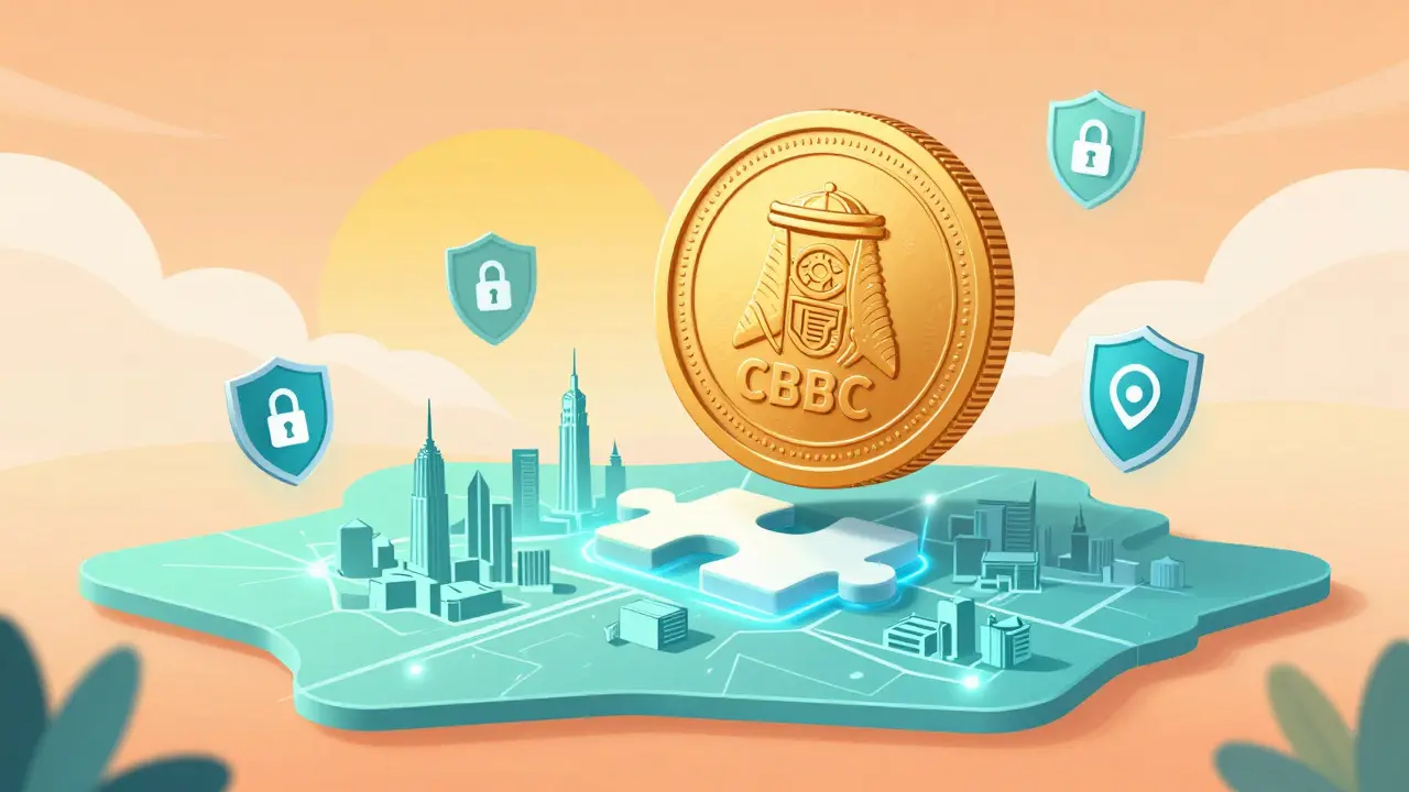 Cartoon depicting the implementation of a government-controlled digital currency in a modern city.