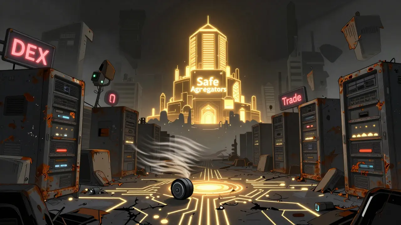 Cartoon depiction of an abandoned digital exchange landscape with a distant glowing fortress.