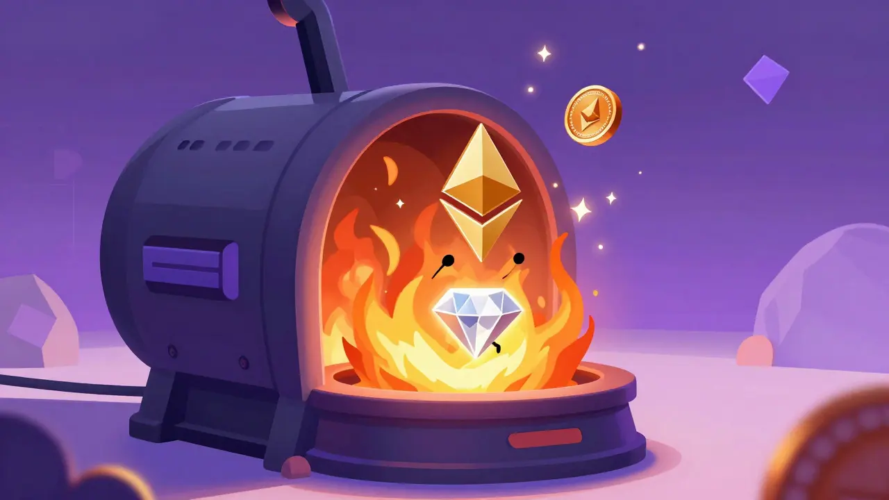 Cartoon depiction of Ethereum tokens being burned in a high-tech digital furnace.