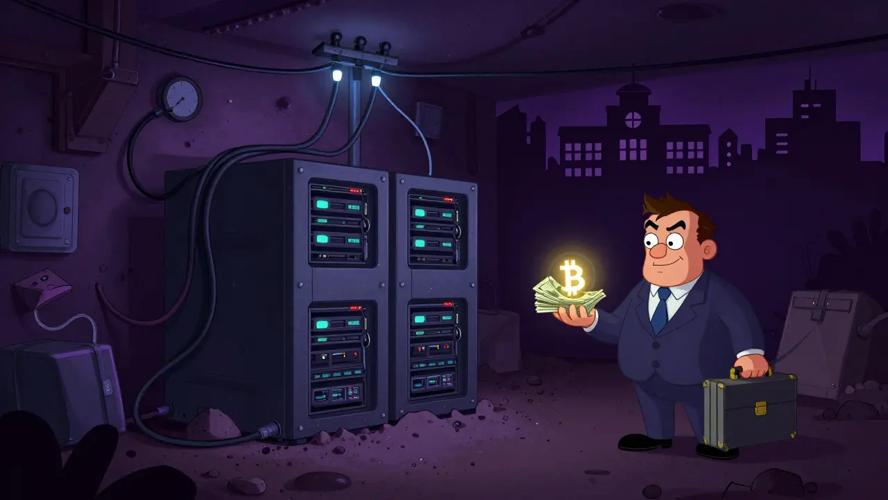 Cartoon illustration of an illegal mining operation stealing power from a city's public services.