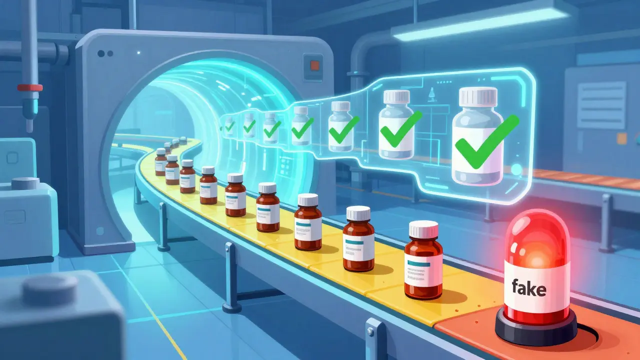 Cartoon illustration of medicine bottles being verified by a digital blockchain ribbon.