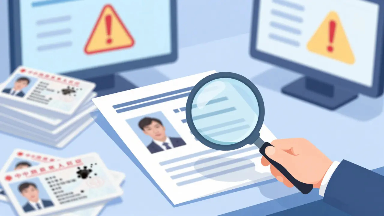 Cartoon of a desk with blurry photocopied IDs and a magnifying glass showing verification failure.