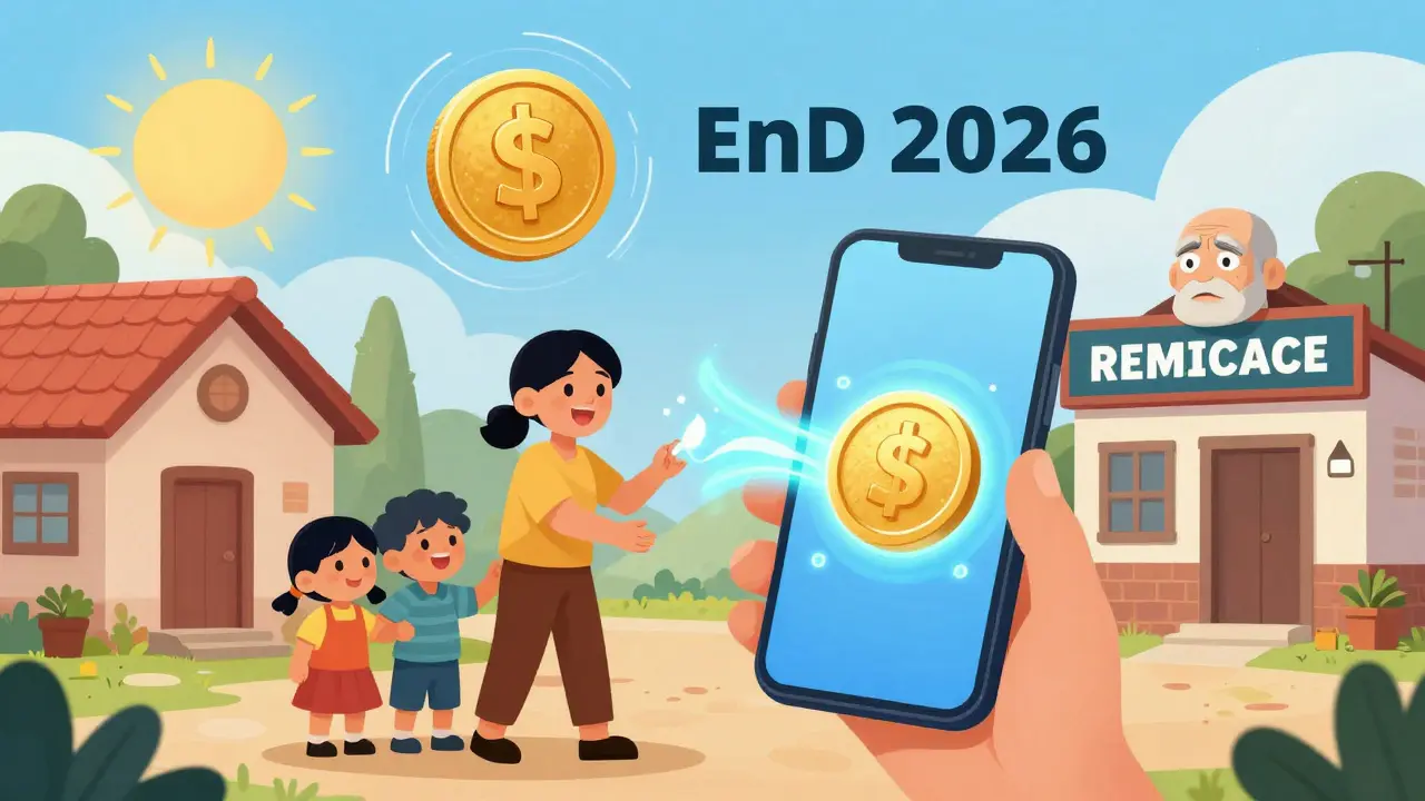 Cartoon of a family receiving a digital remittance via smartphone with a CBDC symbol in the sky.