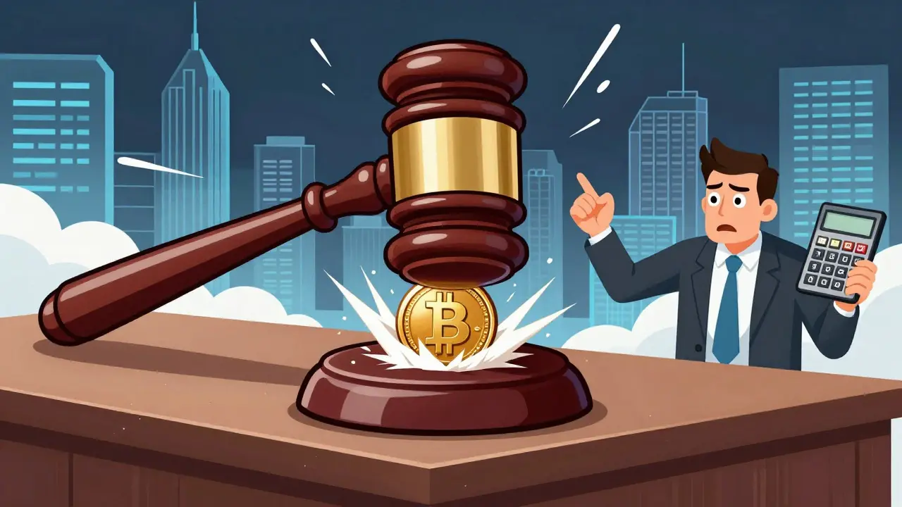 Cartoon of a giant gavel hitting a digital coin, creating a shockwave near a worried executive.