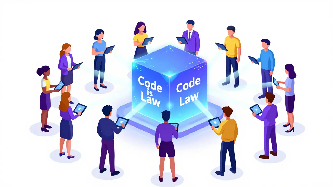 Cartoon of people voting to permanently etch rules into a holographic DAO cube.