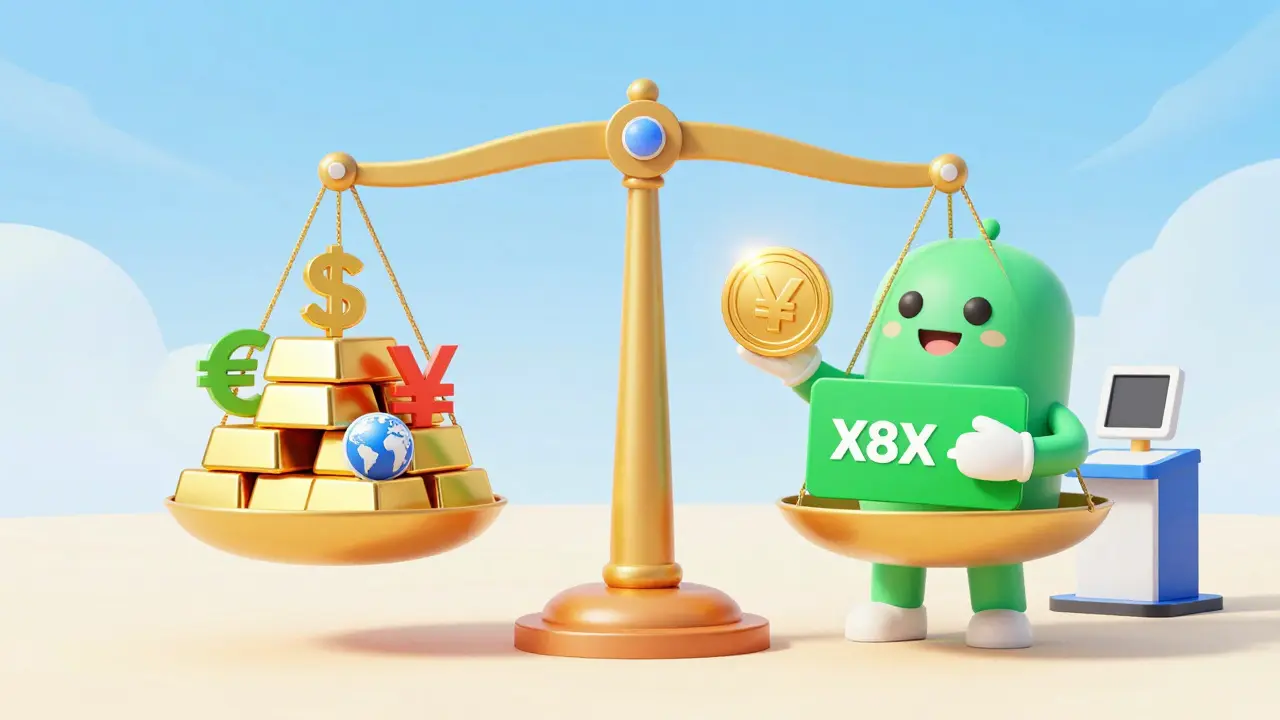 Cartoon scene of gold and global currencies balancing on a scale with a VIP token card.