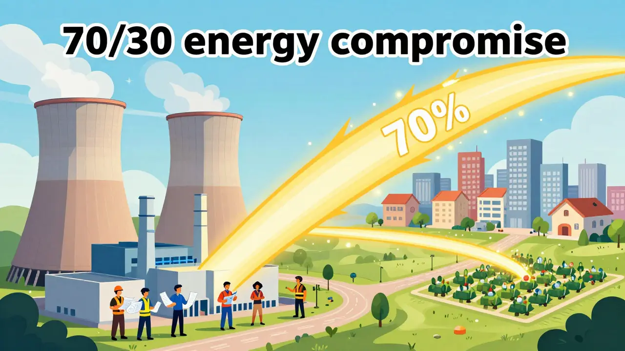 Cartoon showing a power plant splitting energy between a city and a mining farm in a 70/30 ratio.