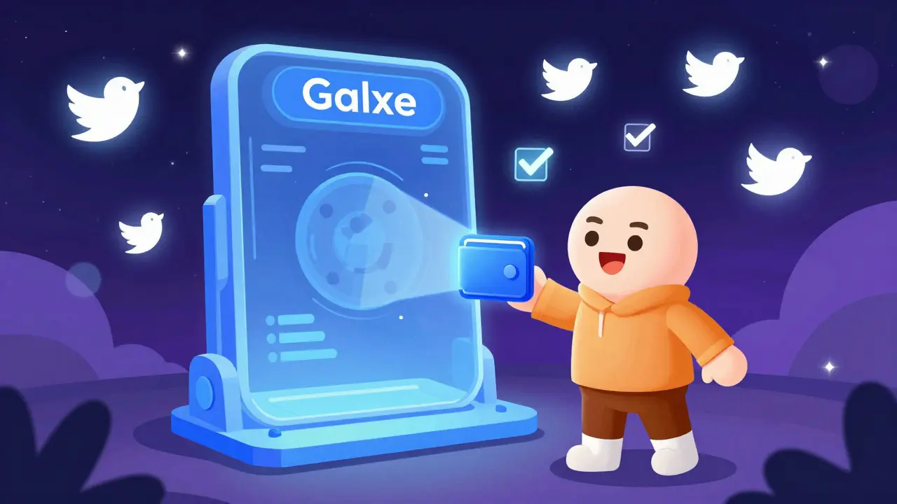 Character connecting a digital wallet to a futuristic Galxe portal in space