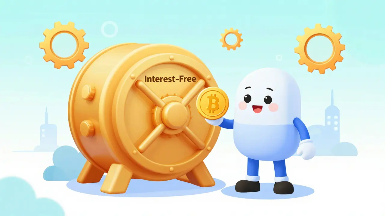 Character standing by a futuristic golden vault representing interest-free borrowing