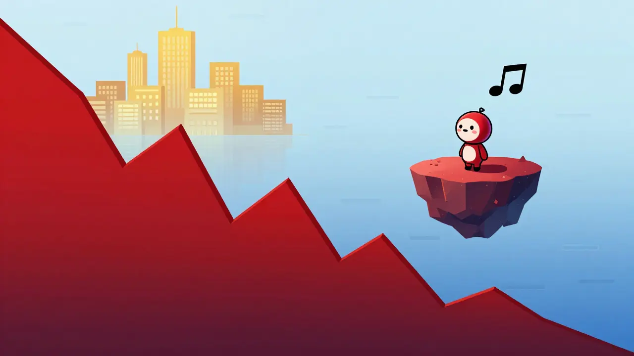 Character standing on a digital music note next to a steep red price chart