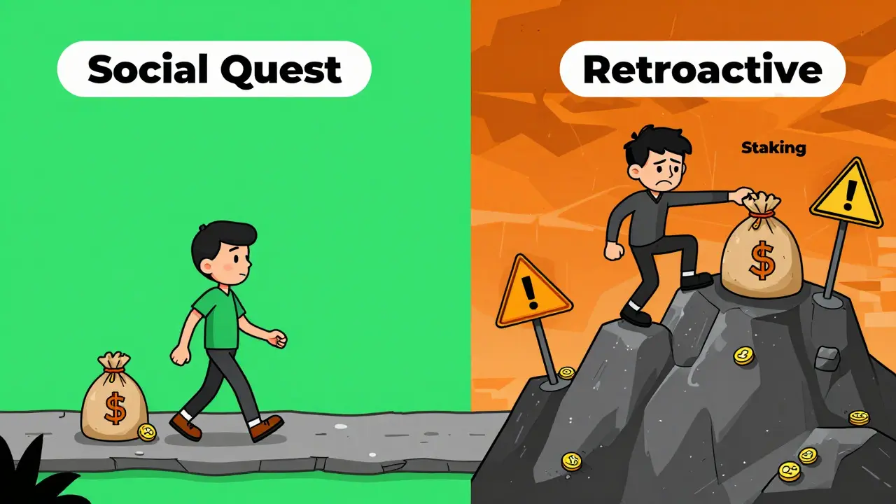 Comparison of low-risk social quest path versus high-risk staking path