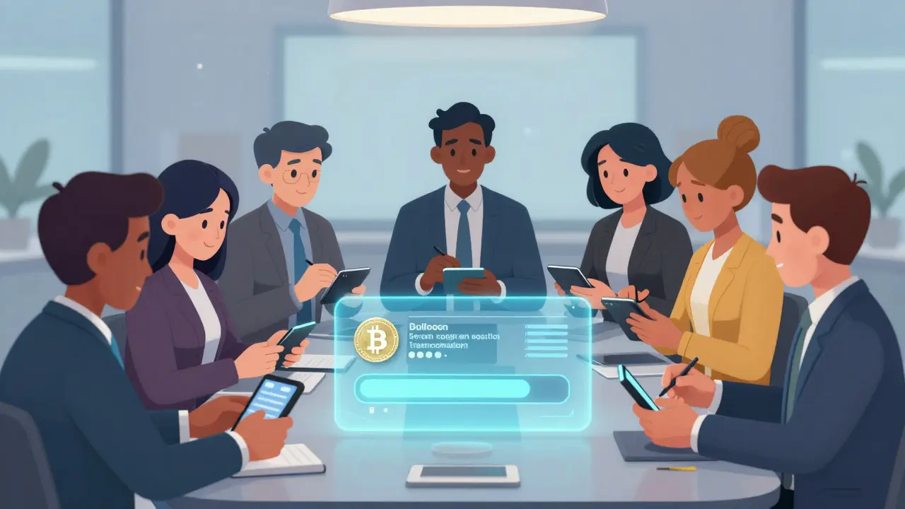 Corporate executives using handheld devices to collectively sign a crypto transaction in cartoon style.
