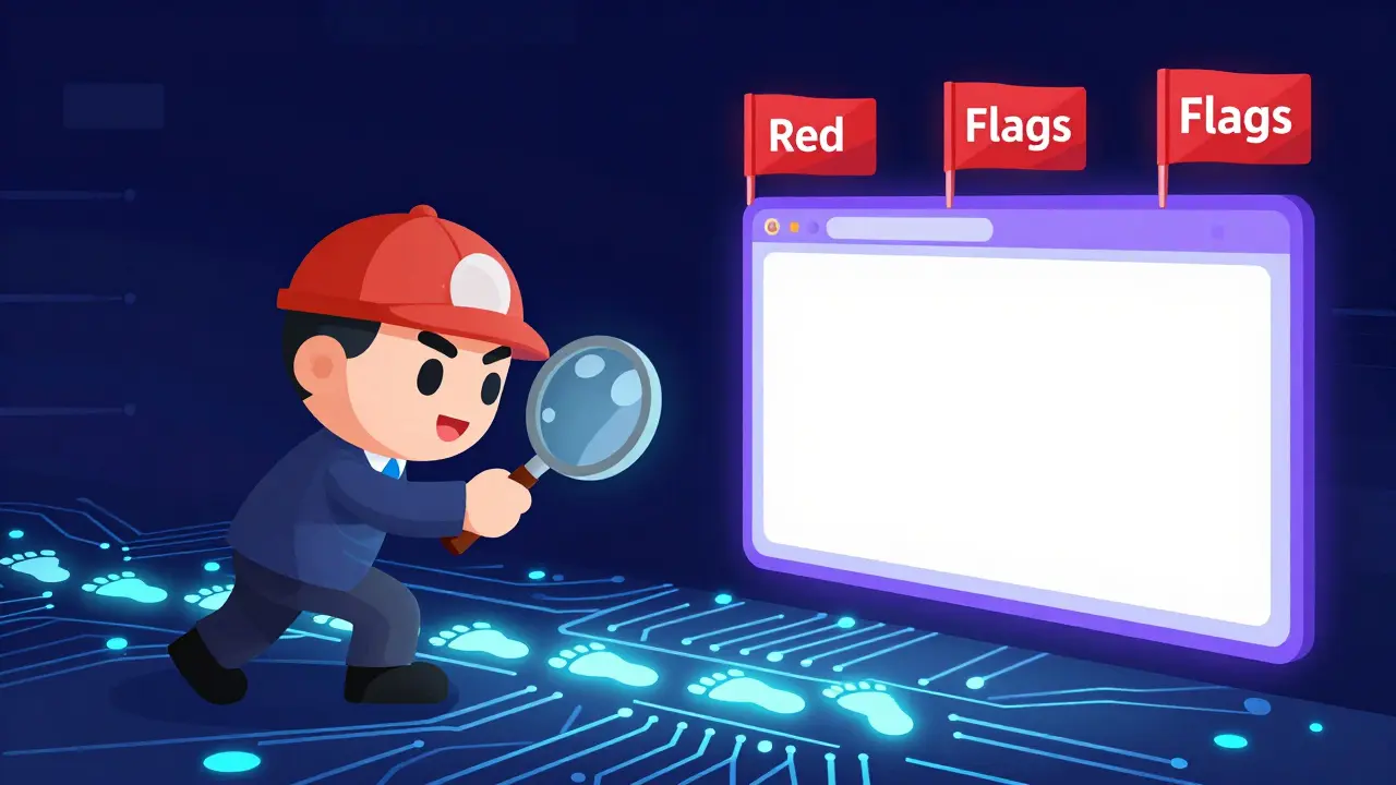 Detective examining red flags and digital trails on a neon circuit board.