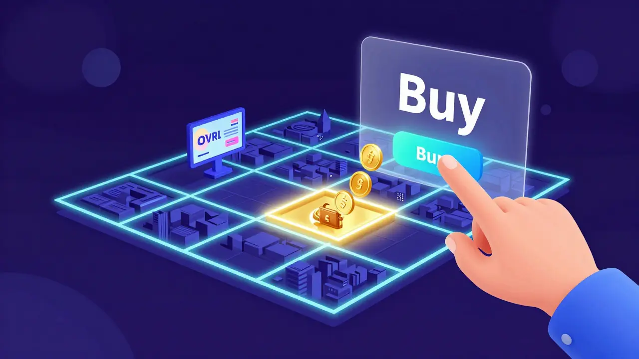 Digital marketplace showing a grid of OVRLand parcels and a transaction using OVR tokens.