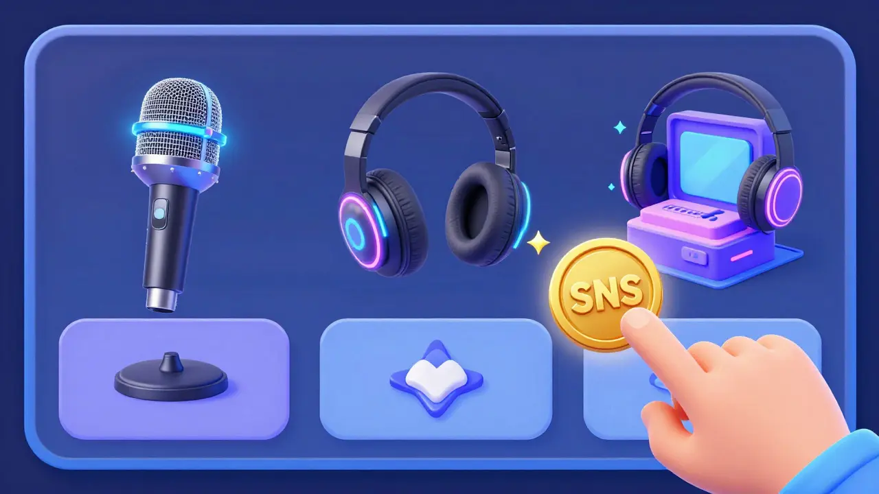 Gaming inventory showing NFT microphones and headphones being upgraded with crypto tokens