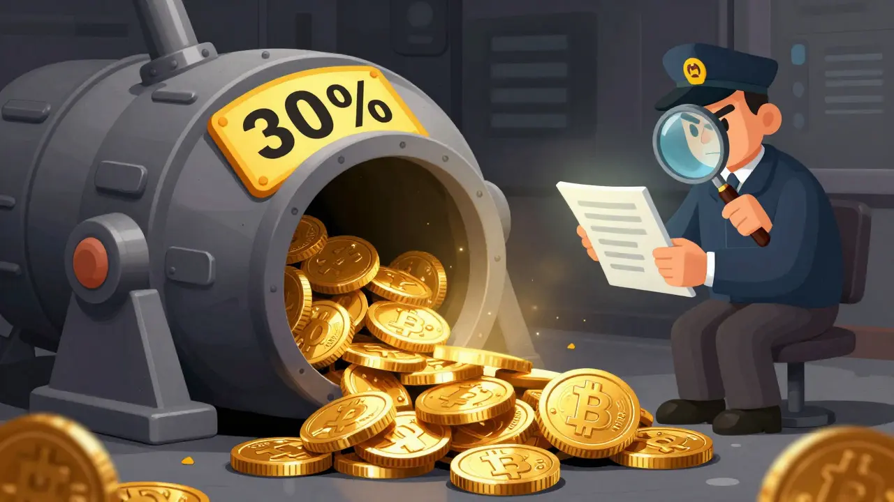 Mechanical vacuum absorbing a crypto coin with a 30 percent tax sign