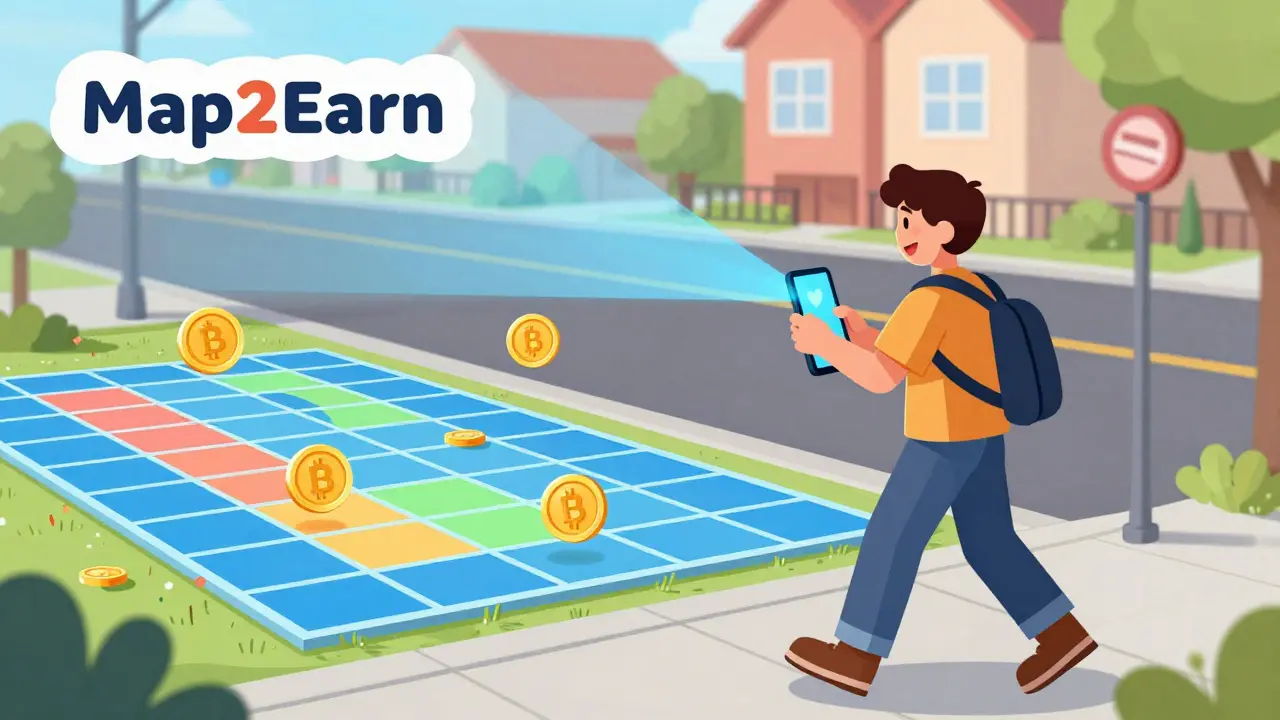 Person using a smartphone to scan a street, earning gold OVR coins through a 3D mapping process.