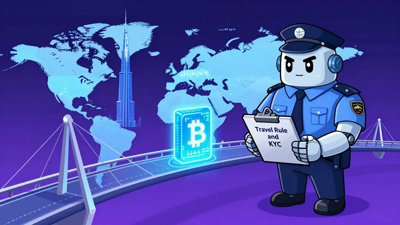Robotic officer checking a crypto transfer on a bridge to global hubs