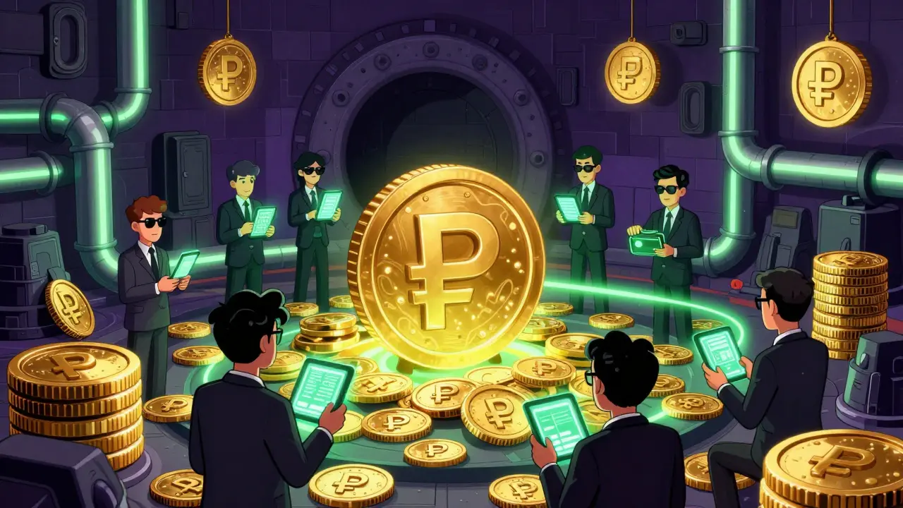 Secretive underground vault with glowing digital coins and people exchanging assets.