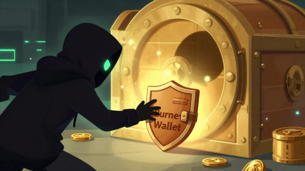 Small burner wallet acting as a shield to protect a large golden crypto vault.