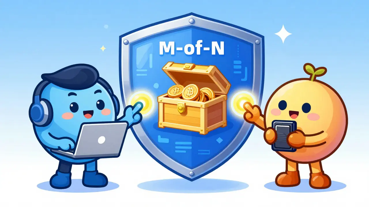 Three people coordinating with different keys to unlock a digital treasure chest in a cartoon illustration.
