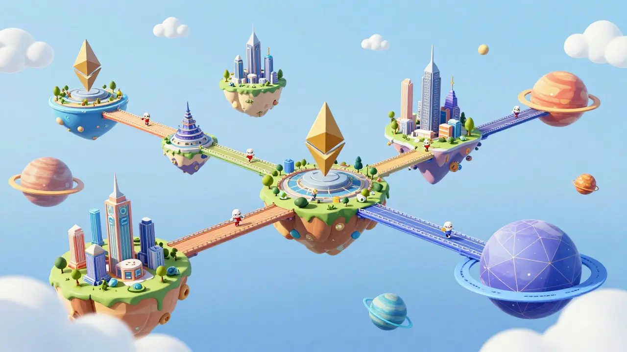 Whimsical cartoon islands connected by bridges representing multi-chain blockchain networks.