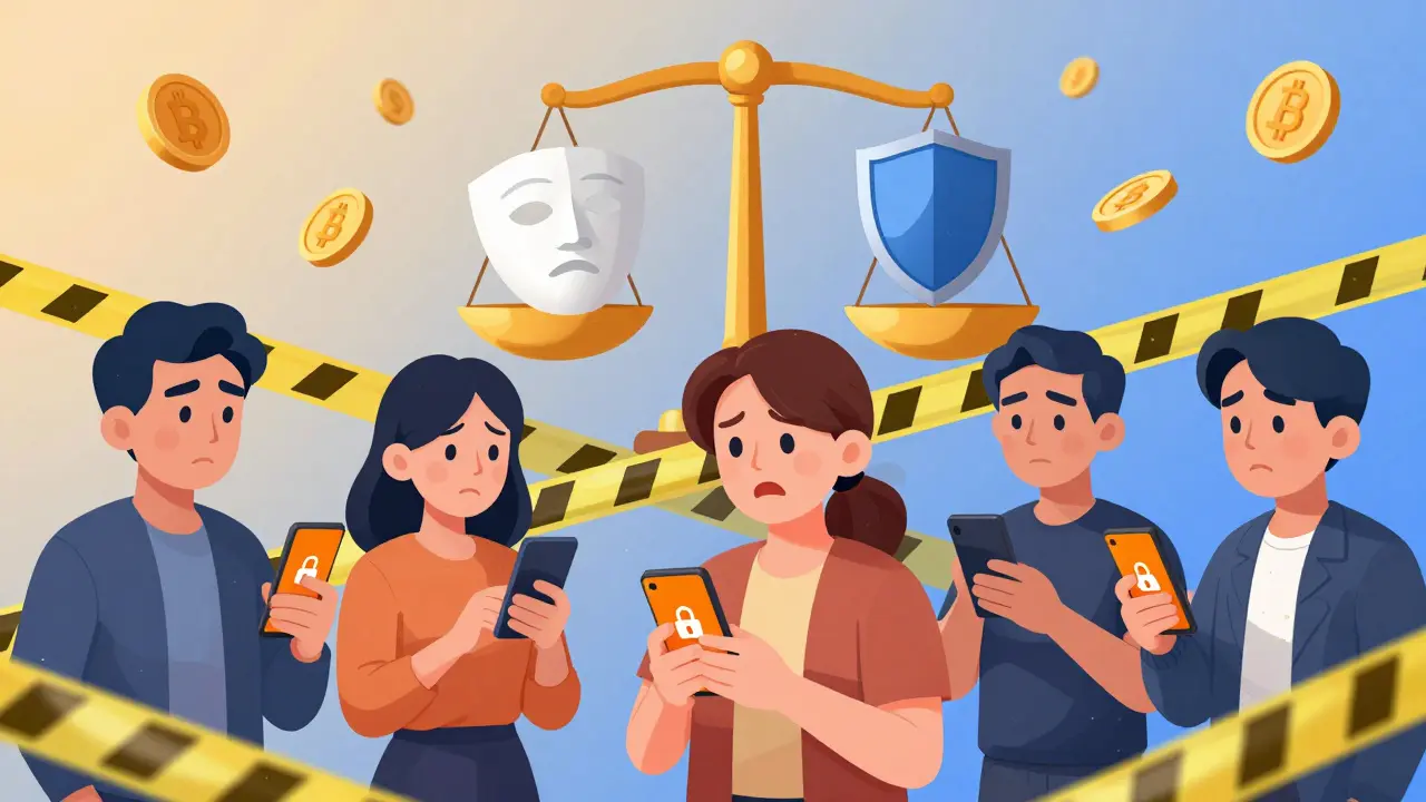 Worried people with locked phones under a scale of justice symbol.