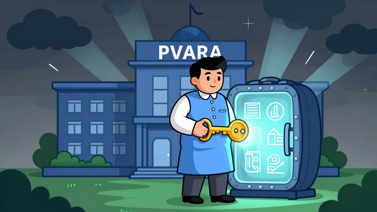 A cartoon official unlocking a digital vault, symbolizing new crypto regulations in Pakistan.